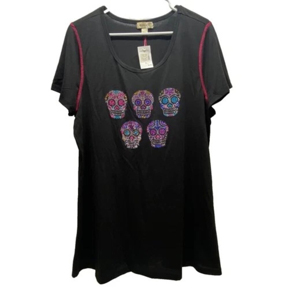 One World Women's XL Tee‎ Black Sugar Skull Rhinestone Soft Day Of The Dead NWT